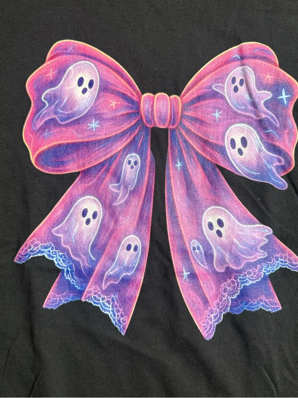 Comfort Colors Black Tee with Pink-Purple Ghost Bow Graphic - Image 4