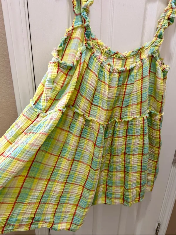 Anthropologie Plaid gauze Ruffle Mini Dress Boho Babydoll yellow size XL - Image 12