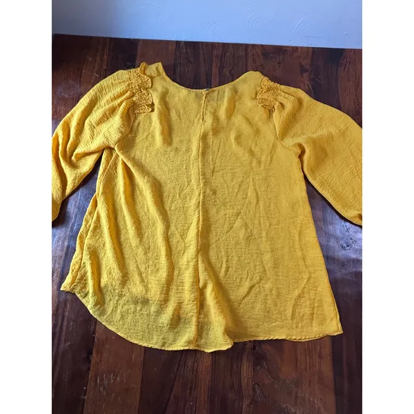 Cato Yellow Smocked Shoulder‎ 3/4 Balloon Sleeve Textured Blouse Large Mustard - Image 2