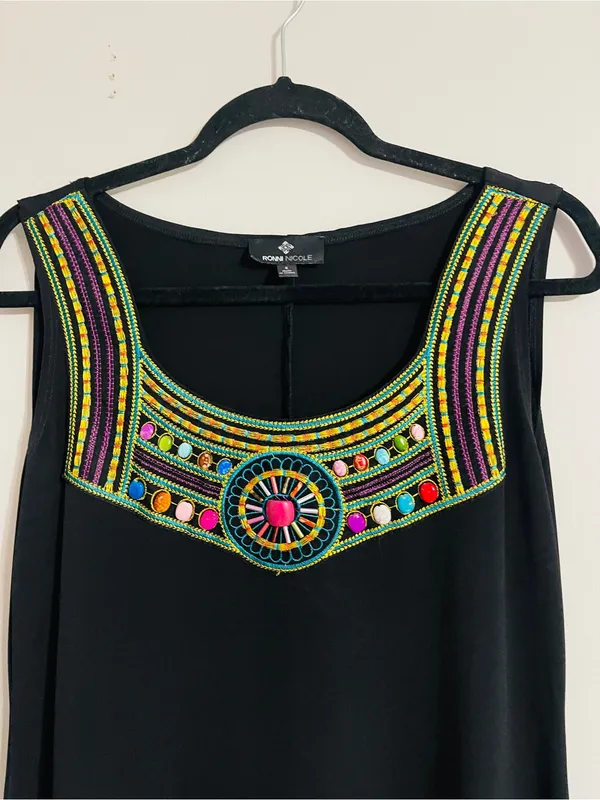 Vintage 90’s Ronni Nicole Black Boho Chic Sleeveless Mini Dress Beaded Neck Sz 8 - Image 3