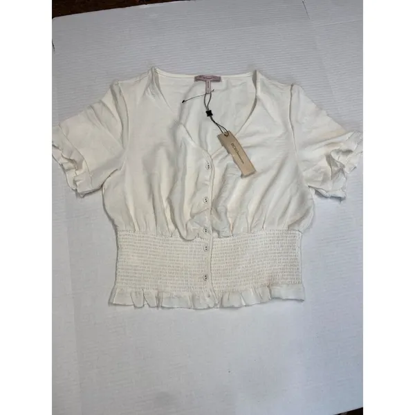 BCBGeneration Women's Fitted Smocked Waist Ruffle Hem Button front size M (b2) - Image 4