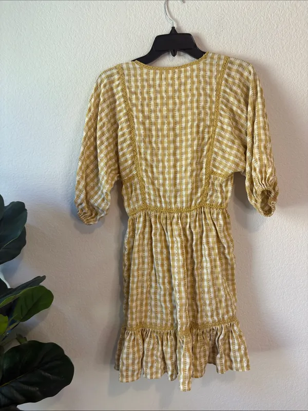 Max Studio Mustard Yellow Gingham V-Neck Tiered Dress with drawstring waist S - Image 6