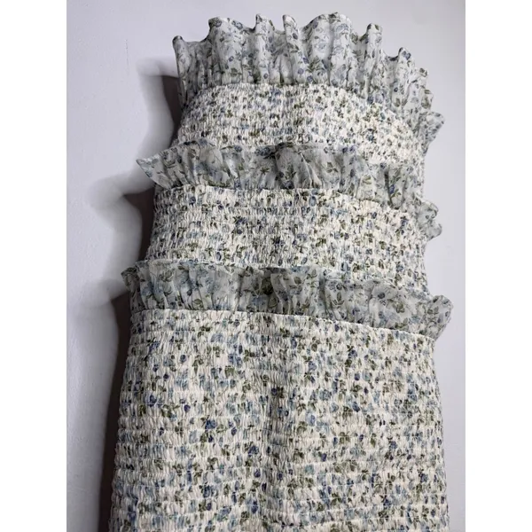Abercrombie & Fitch Floral Smocked Tiered Ruffle Midi Dress Blue White Medium - Image 4