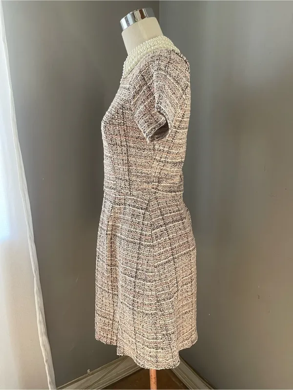 miami Pearl-Trim Tweed A-Line Dress in Cream and Gray - Image 2