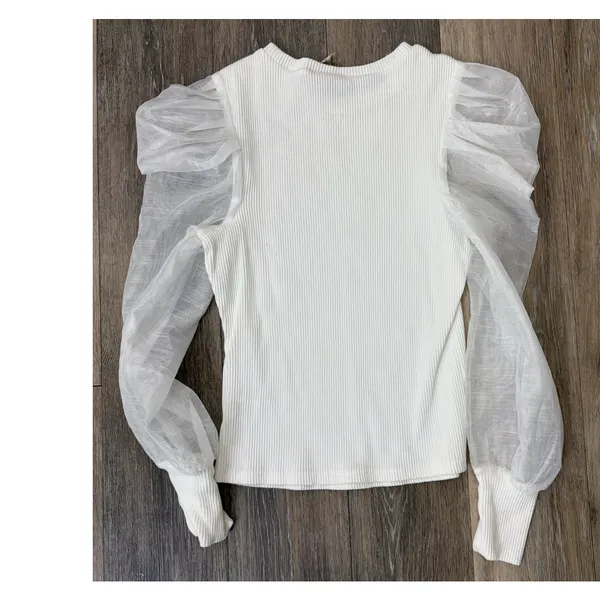 Anthropologie Dolan Top Small White Ribbed Sheer Puff Sleeve Blouse Romantic - Image 2