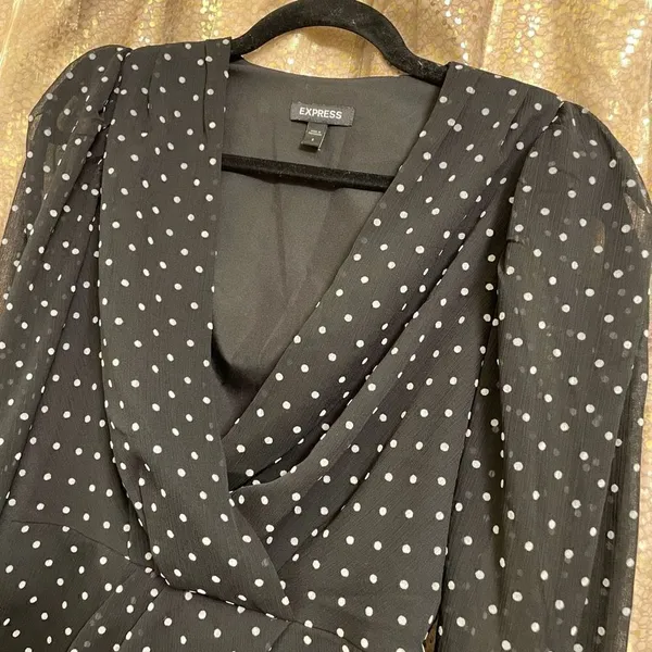 Express Black White Sheer Sleeve Polka‎ Dot Surplice Top Puff Sleeve S - Image 5