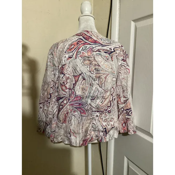 Chicos 100% Linen Paisley Zip Front Jacket Pink Purple Orange Size 2 L Large - Image 4