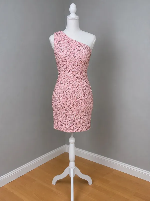 Boutique Pink with Rose Gold Sequins Velvet One-Shoulder Mini Dress - Image 3
