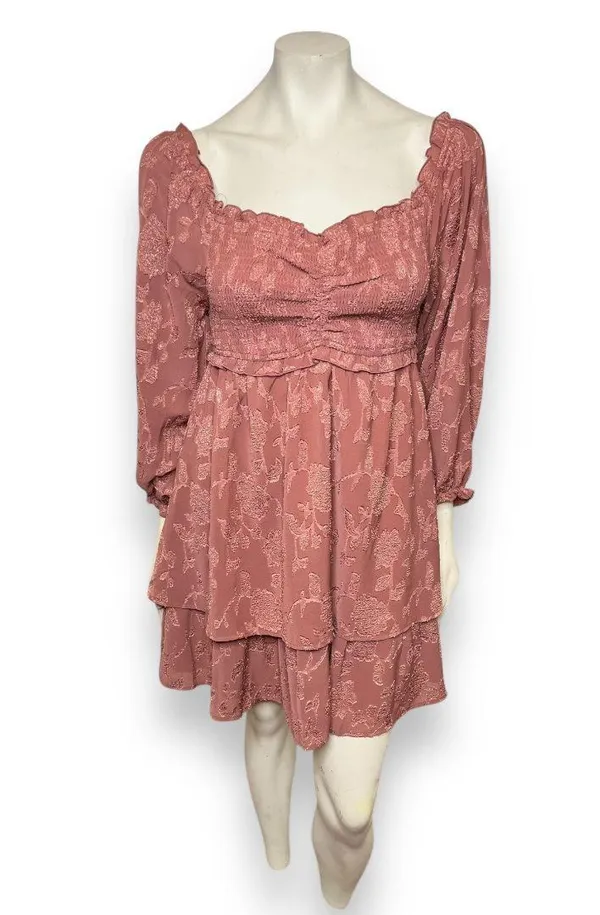 Pink Lily | Textured Floral Long Sleeve Cinched Bust Smocked Mini Tiered Dress L - Image 6