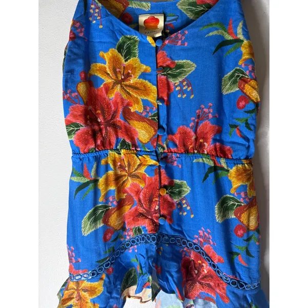 Farm Rio blue floral‎ ruffle sleeveless button down blouse tank XS - Image 3