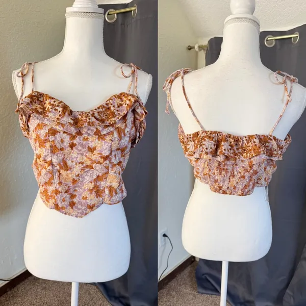 American Eagle Floral Eyelet Ruffle Corset Top Womens Large Lavender Brown NWT - Image 2