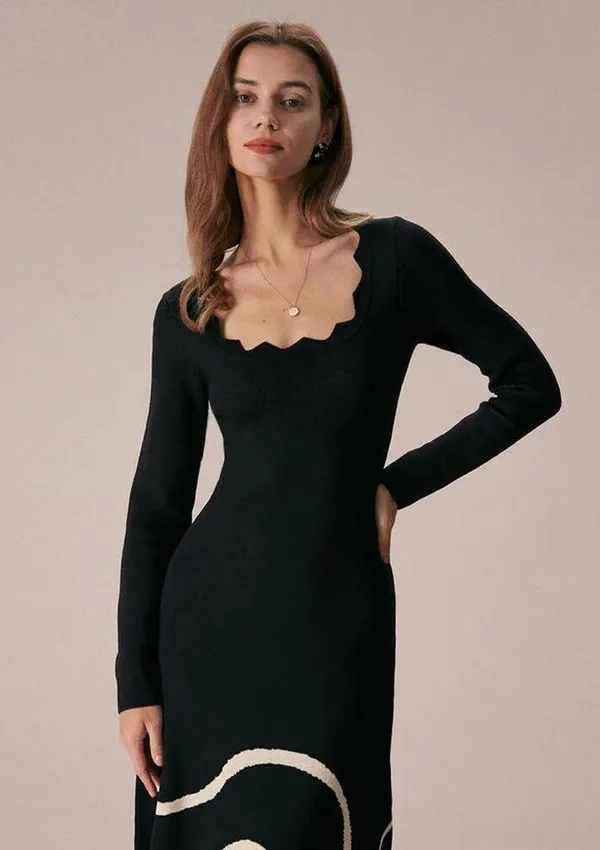 RIHOAS The Black Wave Scalloped Sweater Midi Dress 73 - Image 2