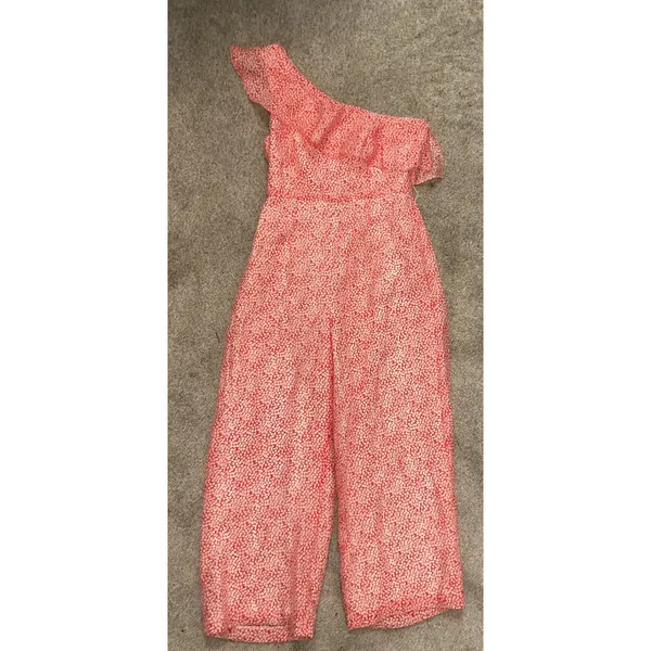 Club Monaco Lene One-Shoulder Ruffle Jumpsuit – Pink/Red Floral Print, sz 2 - Image 3