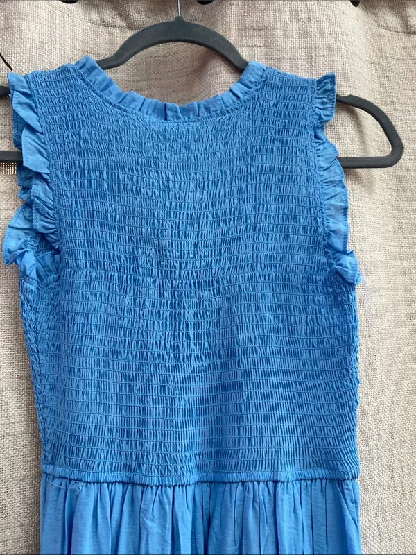 Light Blue Smocked Midi Dress V-Neck Button Front Ruffle Small - Image 12