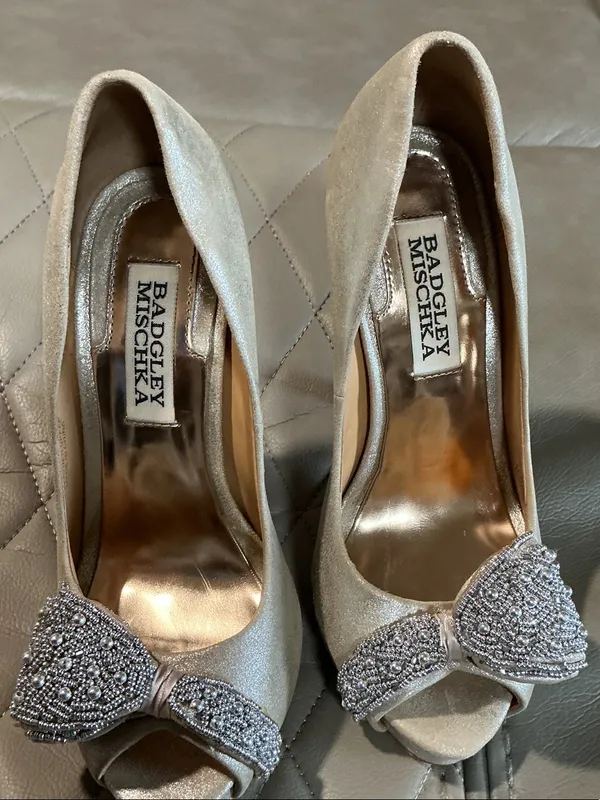 Badgley Mischka Ivory Champagne Satin Peep-Toe Heels with Crystal Bow Accent - Image 9
