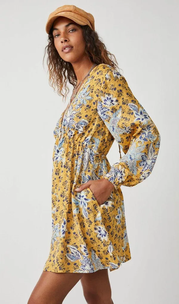 Free People NWT Soli Golden Hour Combo Yellow V-Neck Long Sleeve Mini Dress - Image 2