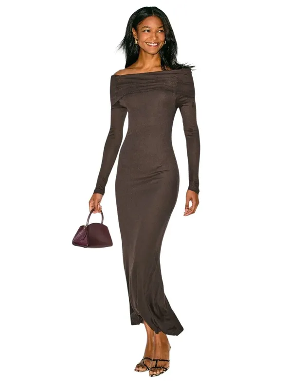 By Malene Birger Jytte Off The Shoulder Dress in Brown XSmall Womens Maxi Gown M - Image 14