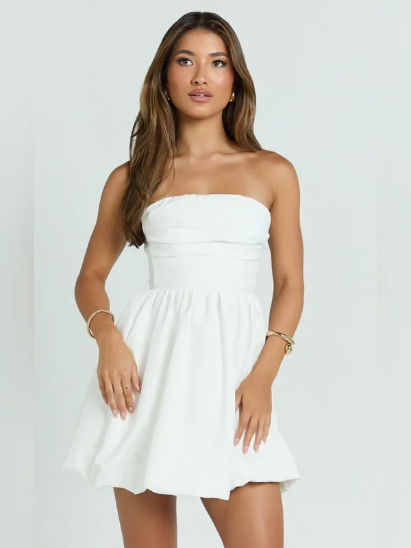 SHOWPO Shaima Strapless Bubble Hem Mini Dress In White - Image 4