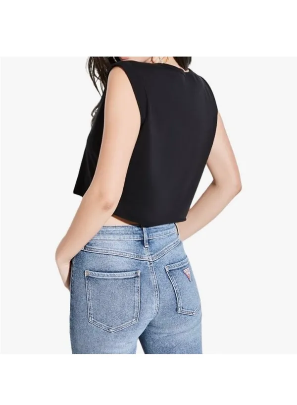 Guess black cropped top with red triangle logo and white text, Women's si - Image 2