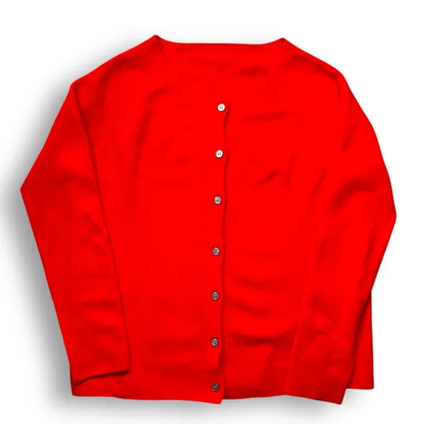 Vintage Bright Cherry Red Ribbed Knit Button Front Round Neck‎ Cardigan Sweater - Image 4