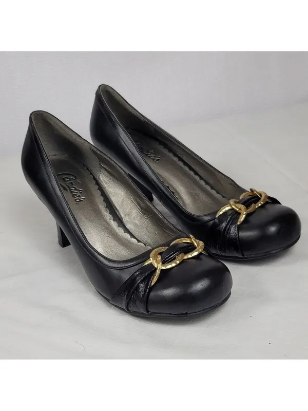 Candies Black Faux Leather Chunky Kitten Heels Pump With Gold Chain Bow Sz 8 M - Image 11