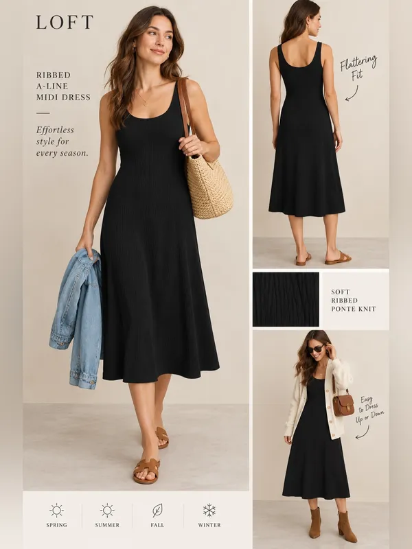 Loft Ribbed A Line Midi Dress Sz 10 NWT Ponte Knit Fit and Flare Zip Back - Image 2