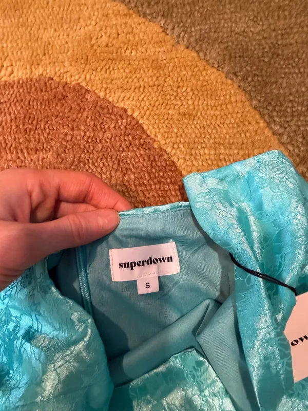 NWT Superdown Aqua Blue Satin Strapless Mini Dress Tie Back FLAWED See pics S - Image 4