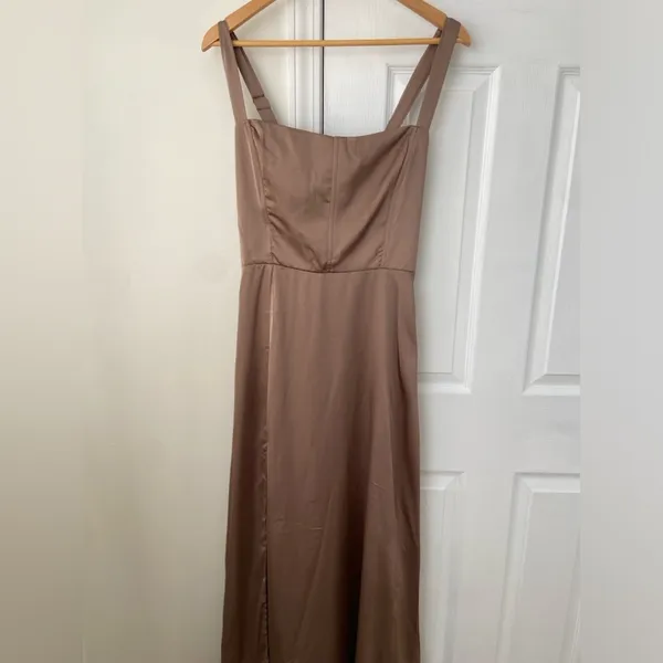 Show Me Your MuMu Taupe Satin Maxi Dress with Ruffle Hem - Image 3