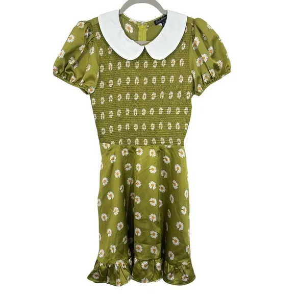 Smak Parlour Modcloth Retro Green Daisy Smocked Mini‎ Dress Peter Pan Collar NWT - Image 2