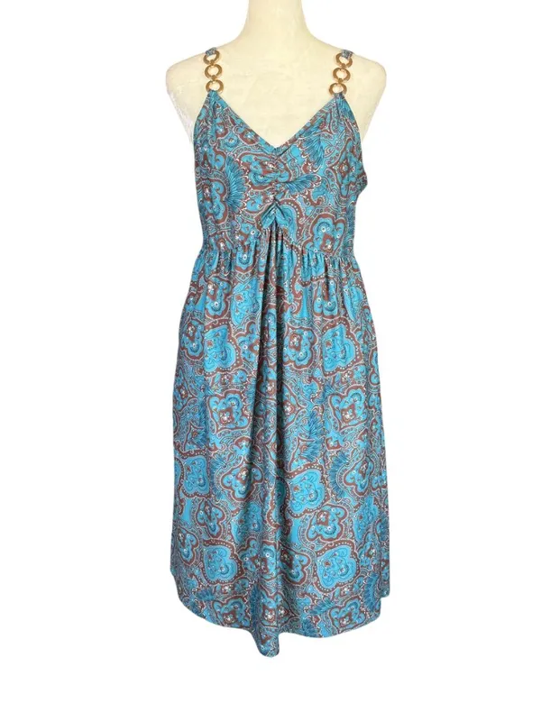 Women's blue and brown summer dress with pockets decorative gold rings size L - Image 7