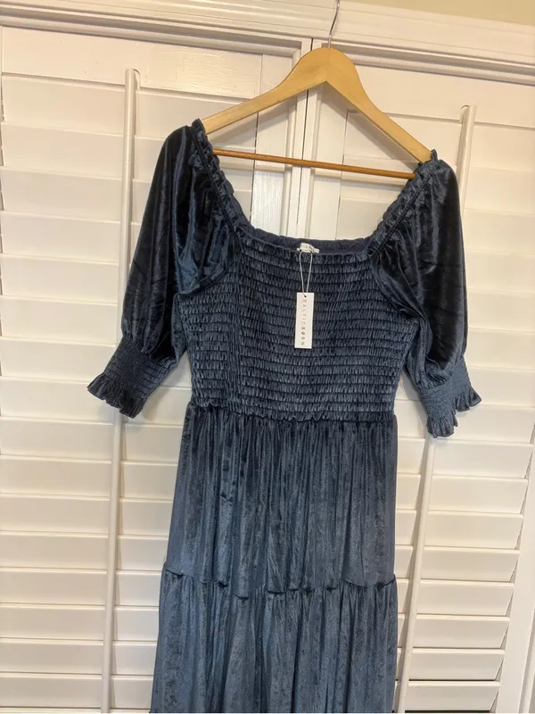 Baltic Born Blue Vivaldi Smocked Velvet Midi Dress Size Medium - Image 3