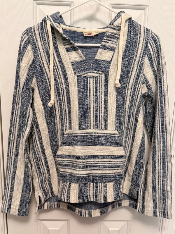 Faherty Islet Striped Poncho XS Blue Cream Hooded Coastal Baja Pullover‎ Sweater - Image 4