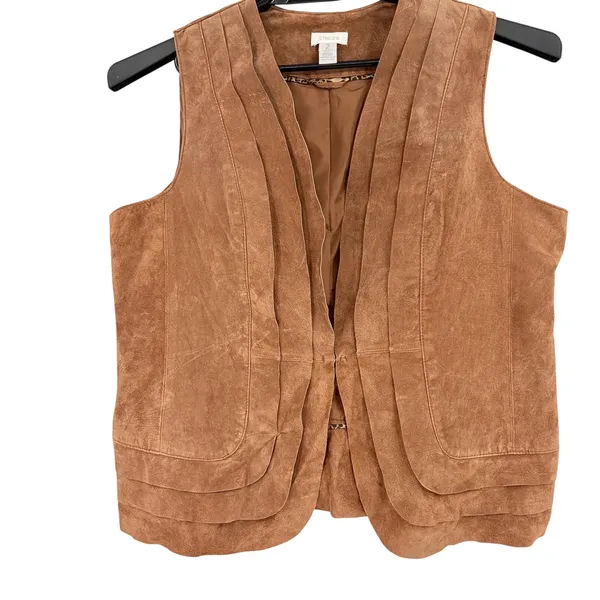 Chicos Brown Genuine Suede Vest Sz 2/L Boho Coastal Cowgirl Y2K Pleated Western - Image 2