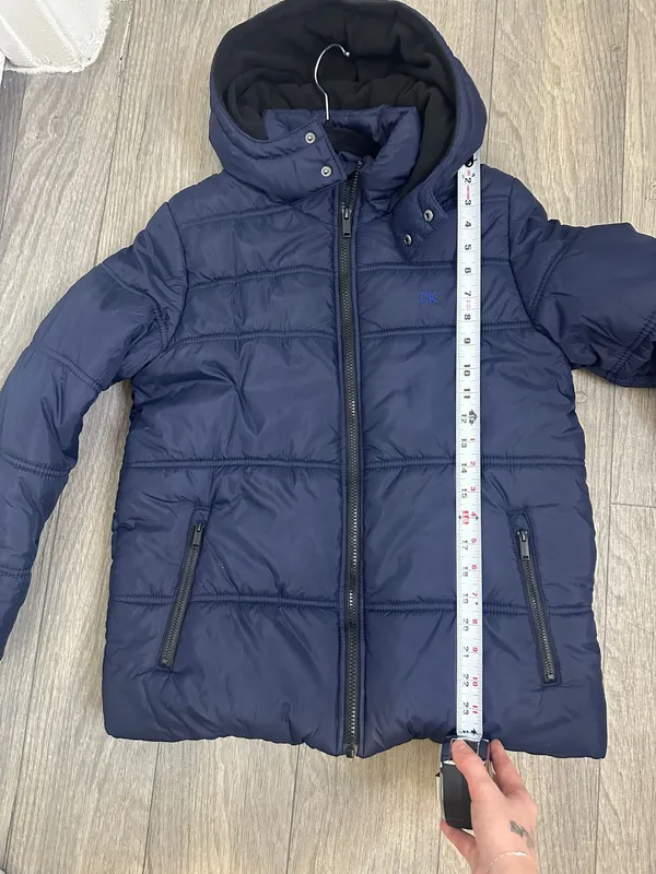 Calvin Klein Navy Blue Puffer Jacket with Hood | Fleece Lined Winter Coat Size L - Image 10