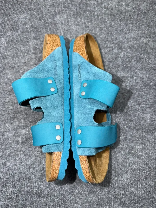 Birkenstock Double-Strap Nubuck-Suede Deep Turquoise Leather Slide Sandals - Image 5
