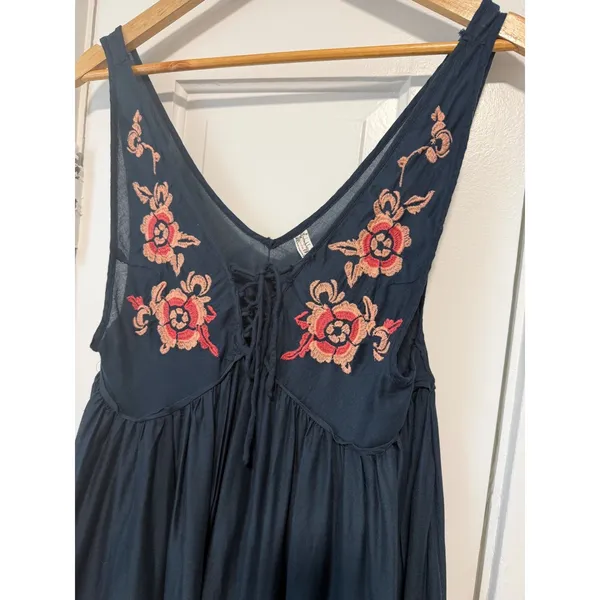 Free People Intimately Navy Blue Floral Embroidered Lace Up Mini Dress Small - Image 9