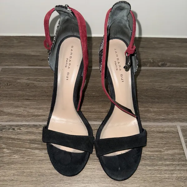 Barbara Bui black‎ suede heels Black White patterned Back Red ankle strap 38.5 Size 8.5 - Image 3
