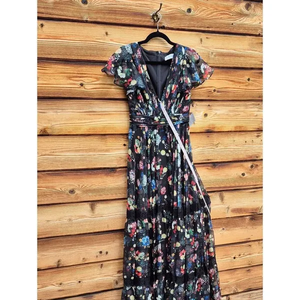 Mac Duggal Size 0 Black Floral Plunge V Neck Lace Maxi Long Formal Gown Dress - Image 7