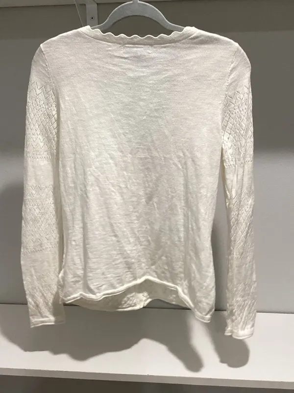 Frye Women's Ivory White Pointelle V-Neck Scalloped Trim Cardigan Sweater Size S - Image 3