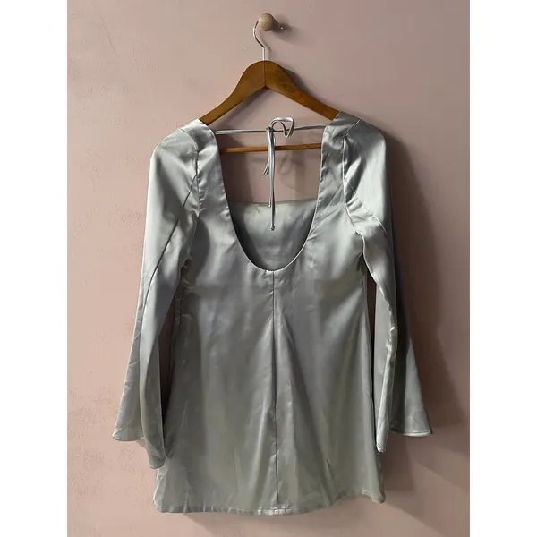 Wild Fable Silver Satin Bell Sleeve A-Line Mini Dress Size M - Image 11