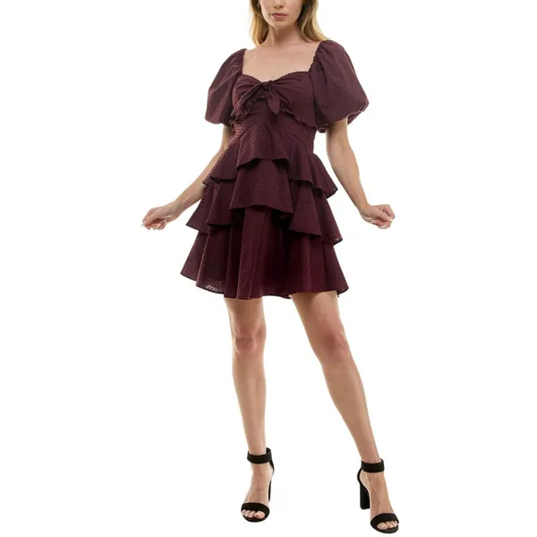 Crystal Doll Sweetheart-Neck Puffed Sleeve Fit Flare Dress Merlot Red 2XS - Image 10