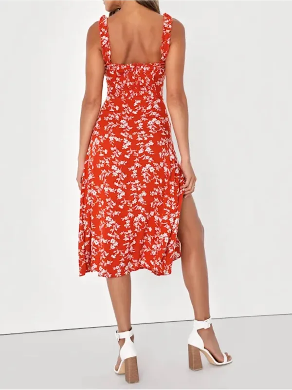 LULUS Women’s Garden Date Red Orange Floral Print Ruffle Midi Dress size XXS - Image 2