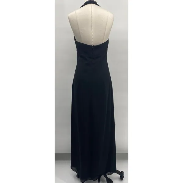 Vintage Y2k Rhinestone Halter Ball Gown V Neck Surplice Ruffle Front Black 4 - Image 8