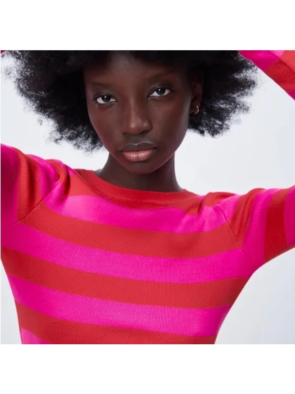 Zara Knit Cropped Sweater Pink Red Stripe Long Sleeve Top Medium - Image 5