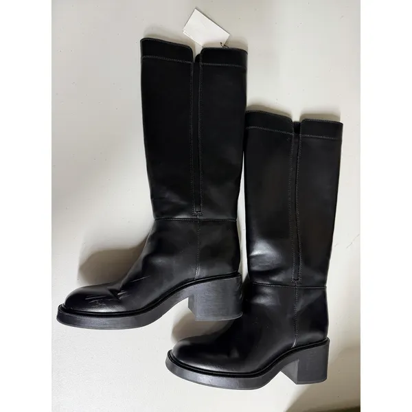 Zara $139 Faux Leather Black Boots Chunky Block Low‎ Rubber Heel Hunting Moto - Image 4