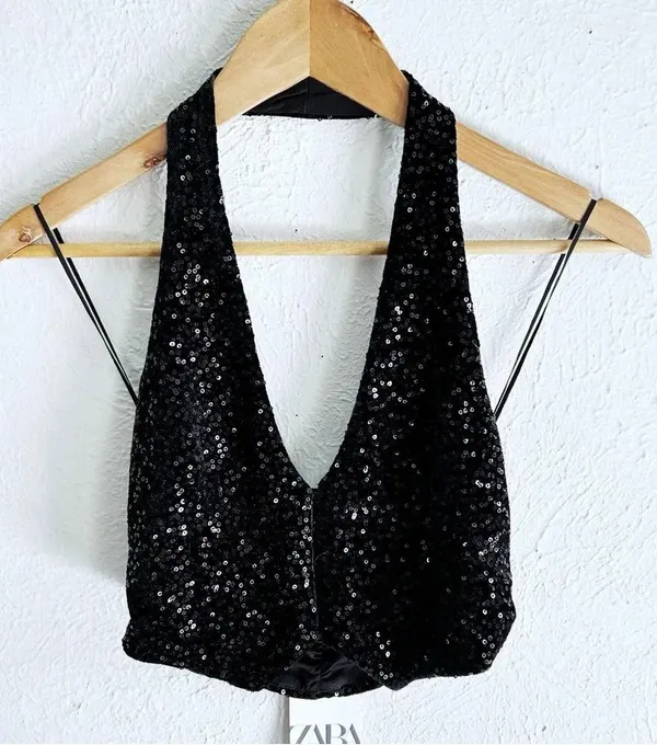 Zara Sequin Halter Vest Top Black Sz XS NWT - Image 3
