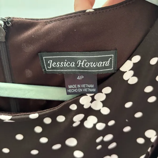 Jessica Howard Brown and White Polka Dot Sleeveless Ruched Midi Dress - Image 4