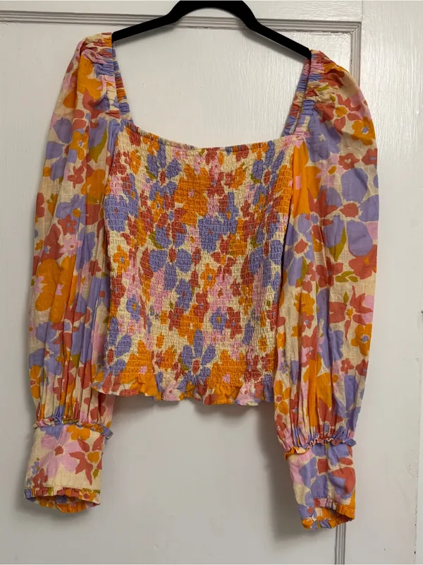 Free People Floral Smocked Square-Neck Top - Orange, Purple, Pink - Image 3