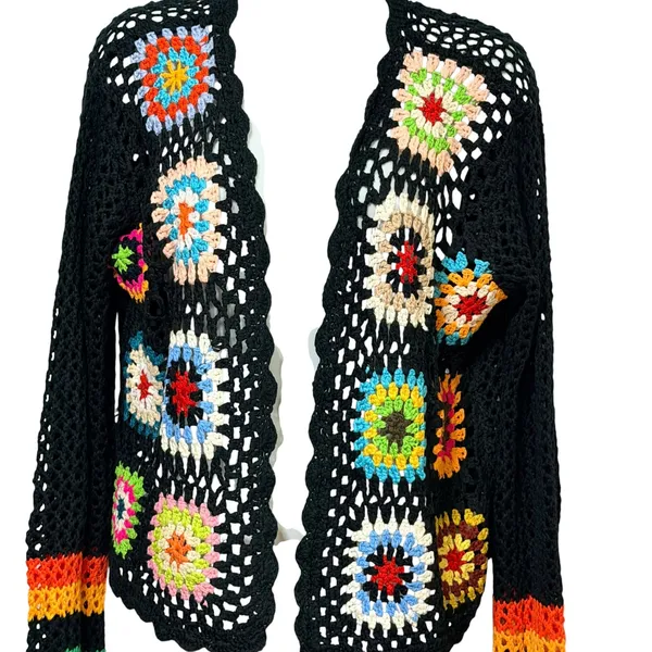 Womens Black Crochet Granny Square Open Front Cardigan Multi Color Boho Size L - Image 2