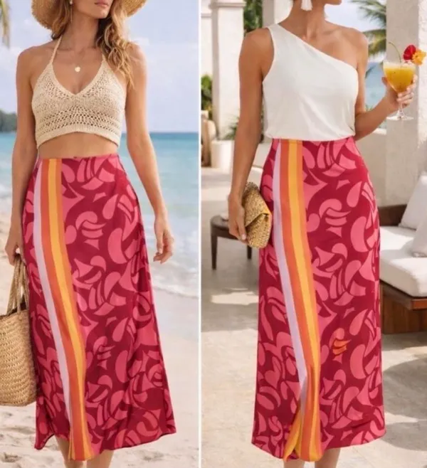 Farm Rio A-Line Contrasting Slip Midi Skirt, Size L - Image 2